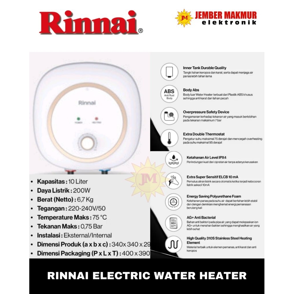 RINNAI Water Heater Listrik 10 Liter RESA10C02C RINNAI