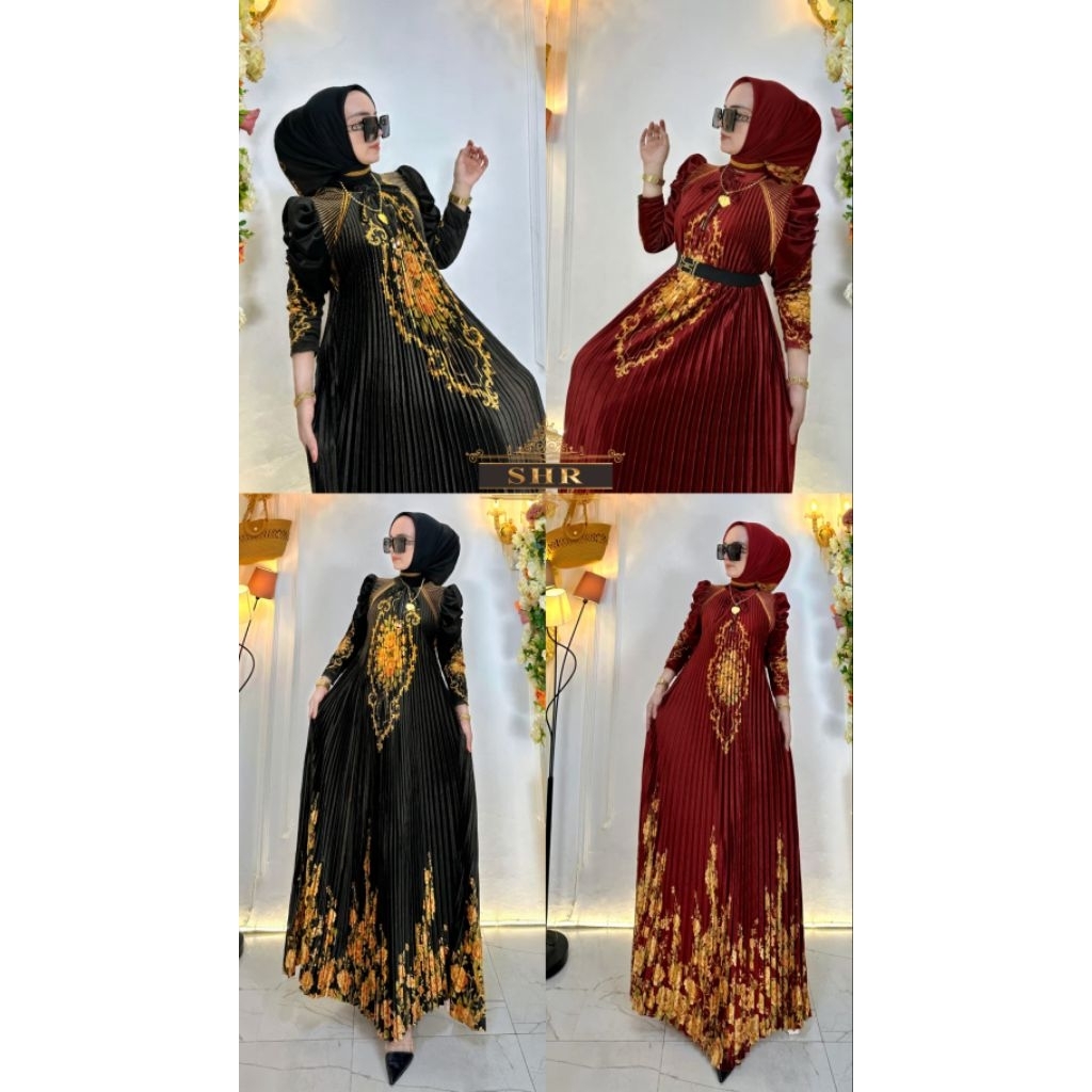 maxi dress gamis syara beludru plisket mewah cantik elegant original SHR
