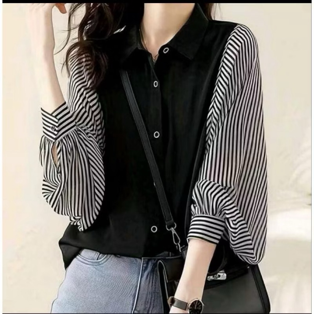 Laila kemeja rayon twill kombinasi salur atasan tangan balon Nyaman Wanita Simple Formal Putih