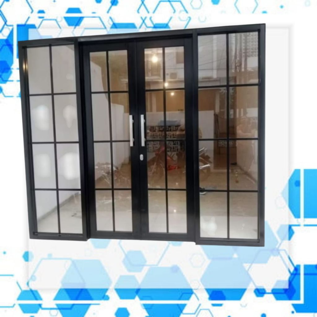 kusen pintu alumunium sleding dua pintu+kusen jendela kaca mati kanan kiri free packing kayu