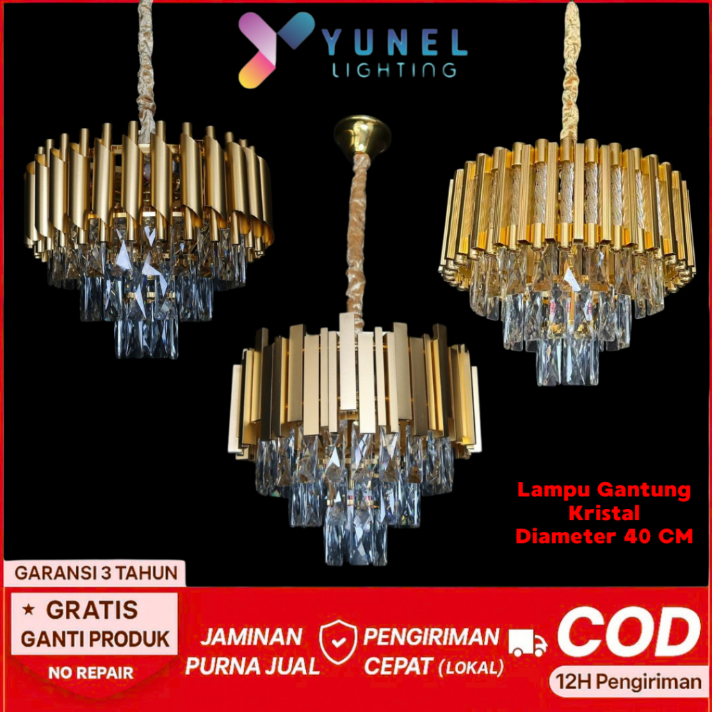 YUNEL Lampu Hias Ruang Tamu | Lampu Gantung Kristal Chandelier Size kecil 40 CM