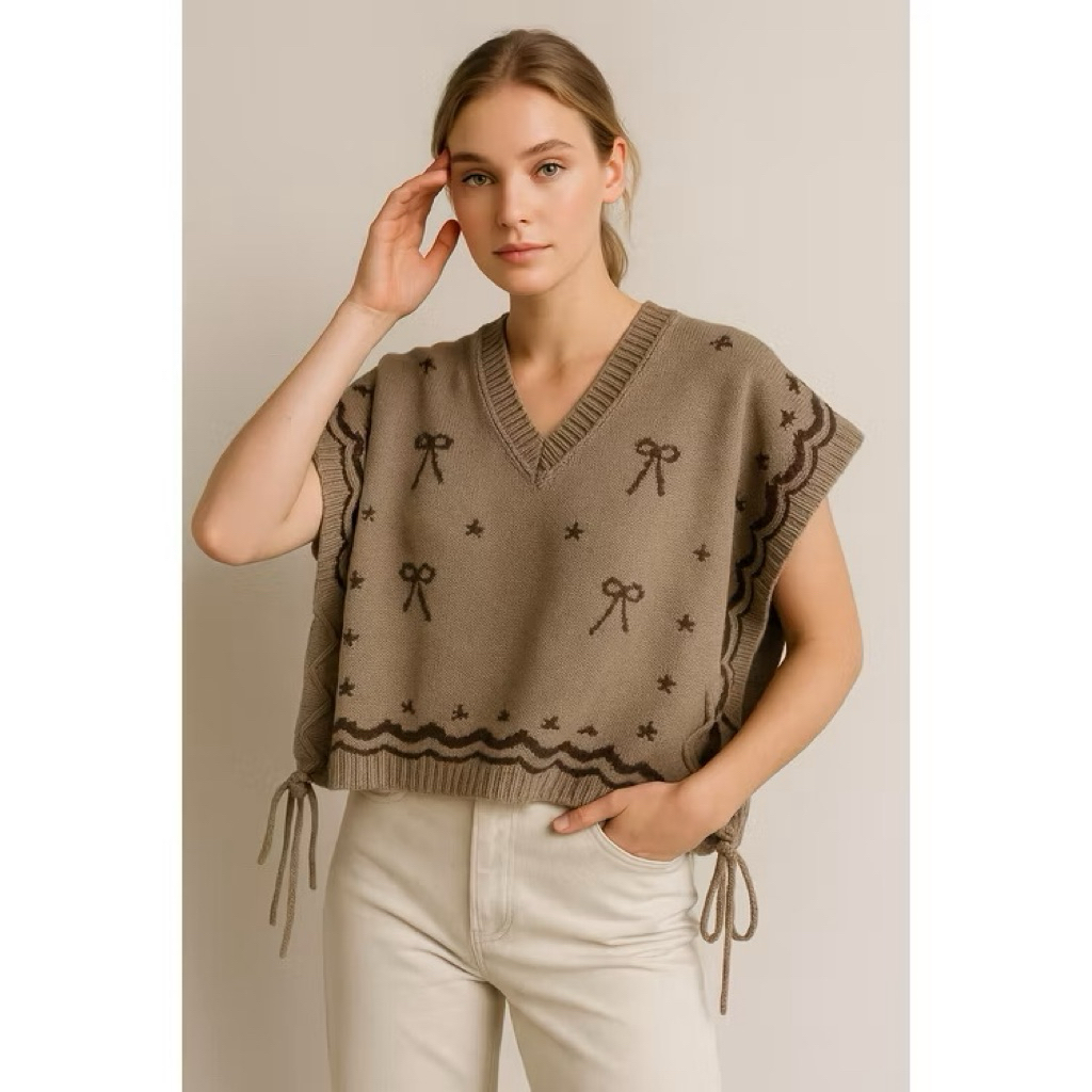 AYUNDINI VEST ROMPI RAJUT MOTIF PITA TALI DEPAN SAMPING WANITA KOREA