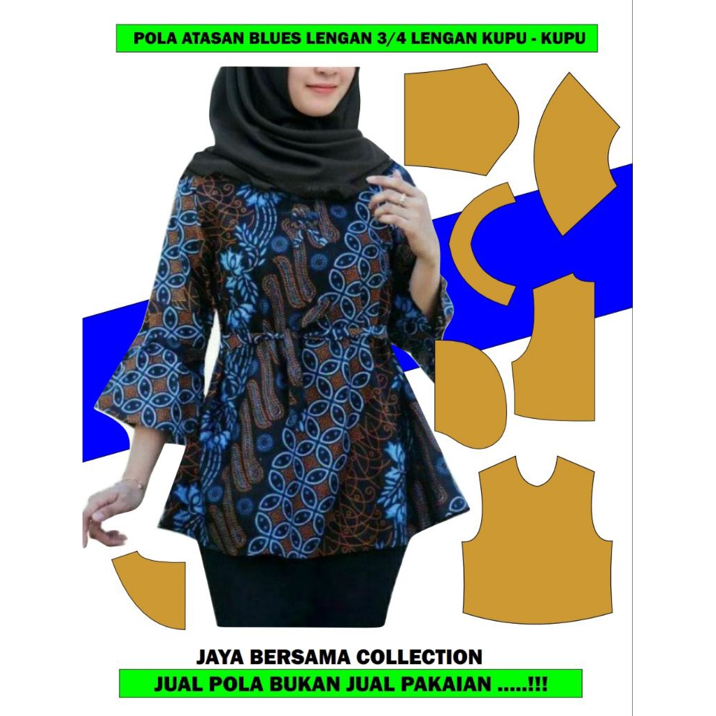 Pola atasan tunik model brokat simple lengan 3/4