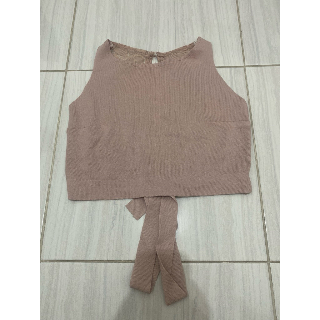 PRELOVED atasan seksi brokat renda transparan crop tembus pandang pink salem dusty pesta santai raju