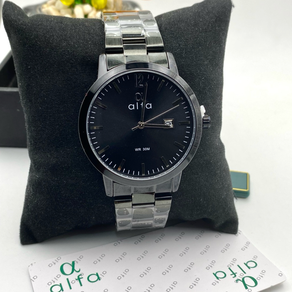 ALFA 8000-1 Jam Tangan Pria Rantai Analog Casual Bahan Stainless Stell Tanggal Aktif Water Resistant
