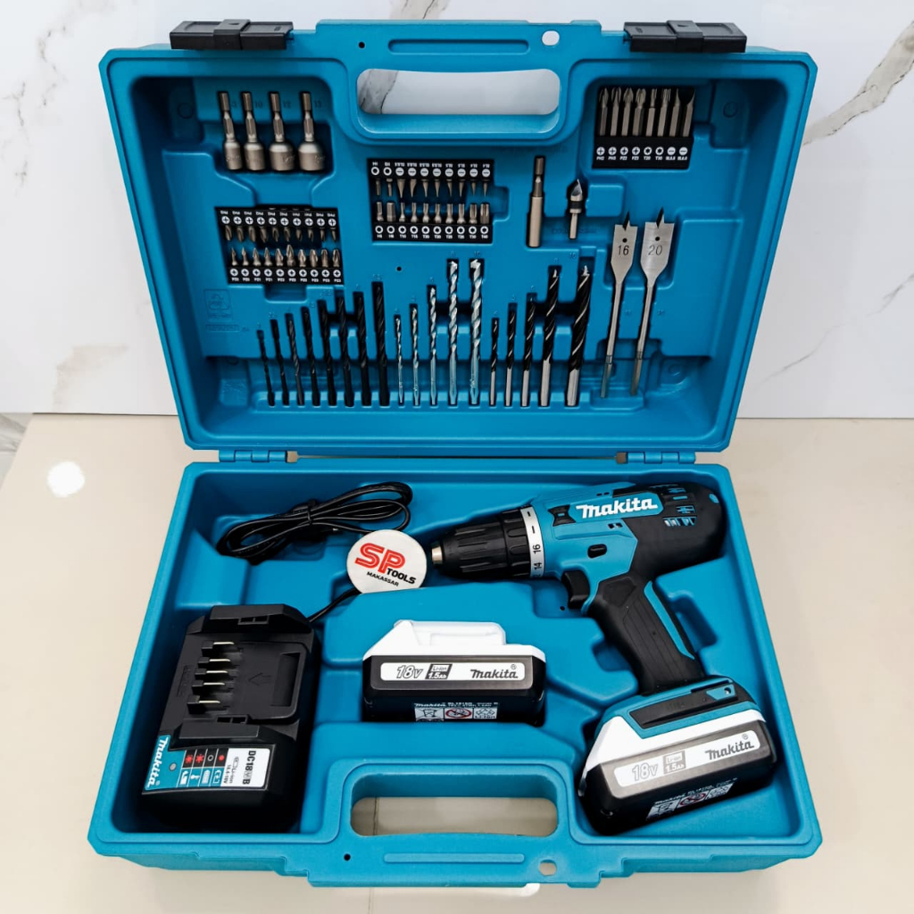 MESIN BOR CAS / CORDLESS DRIVER DRILL / BATERAI IMPACT BETON BESI KAYU SET 74PCS 18V MAKITA DF488D00