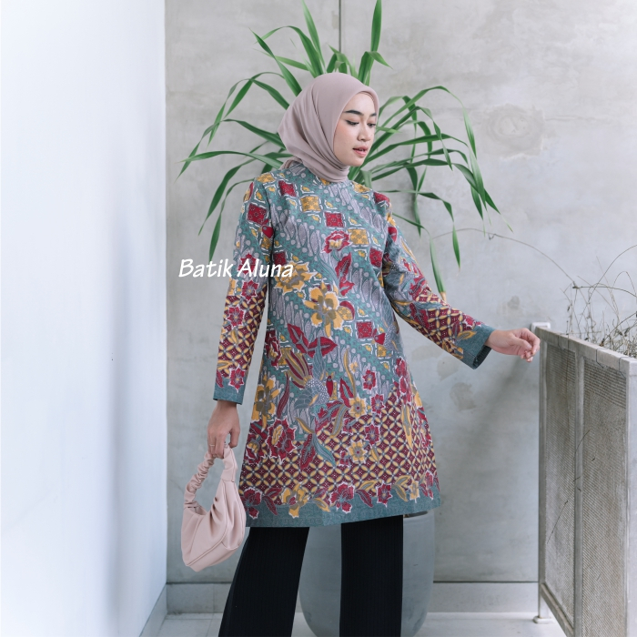 Batik Wanita Premium Aluna Modern Tunik Lengan Panjang Batik Khas Solo Batik Aluna TBA 104