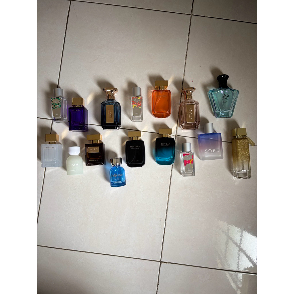 BOTOL KOSONG PARFUM FULL SET REEF, VELIXIR, HMNS, ESER, MYKONOS, CRUSITA, MANDALIKA, AFNAN (DENGAN B