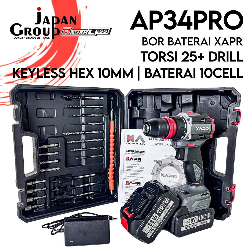 BOR BATERAI APR AP34PRO SCREW BAJA RINGAN BESI KAYU BOR KEYLESS HEX AUTOLOCK 2 BATERAI 10 CELL 10MM