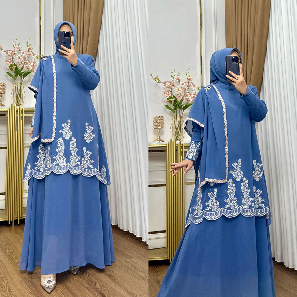 Haza set/gamis malaysia set hijab/gamis set hijab selendang/gamis malaysia selendang set hijab