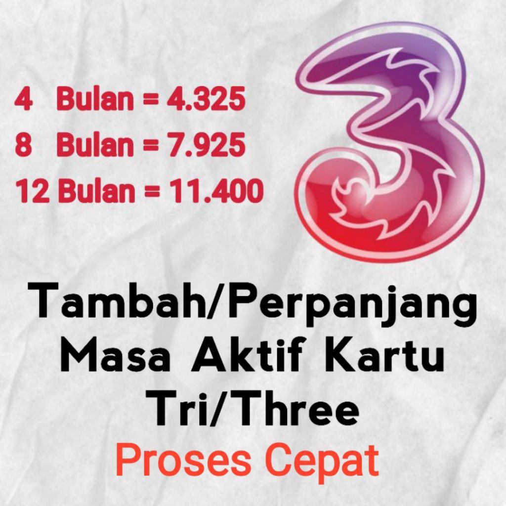 Perpanjang Masa Aktif Kartu TRI THREE 4 Bulan 8 Bulan 1 tahun