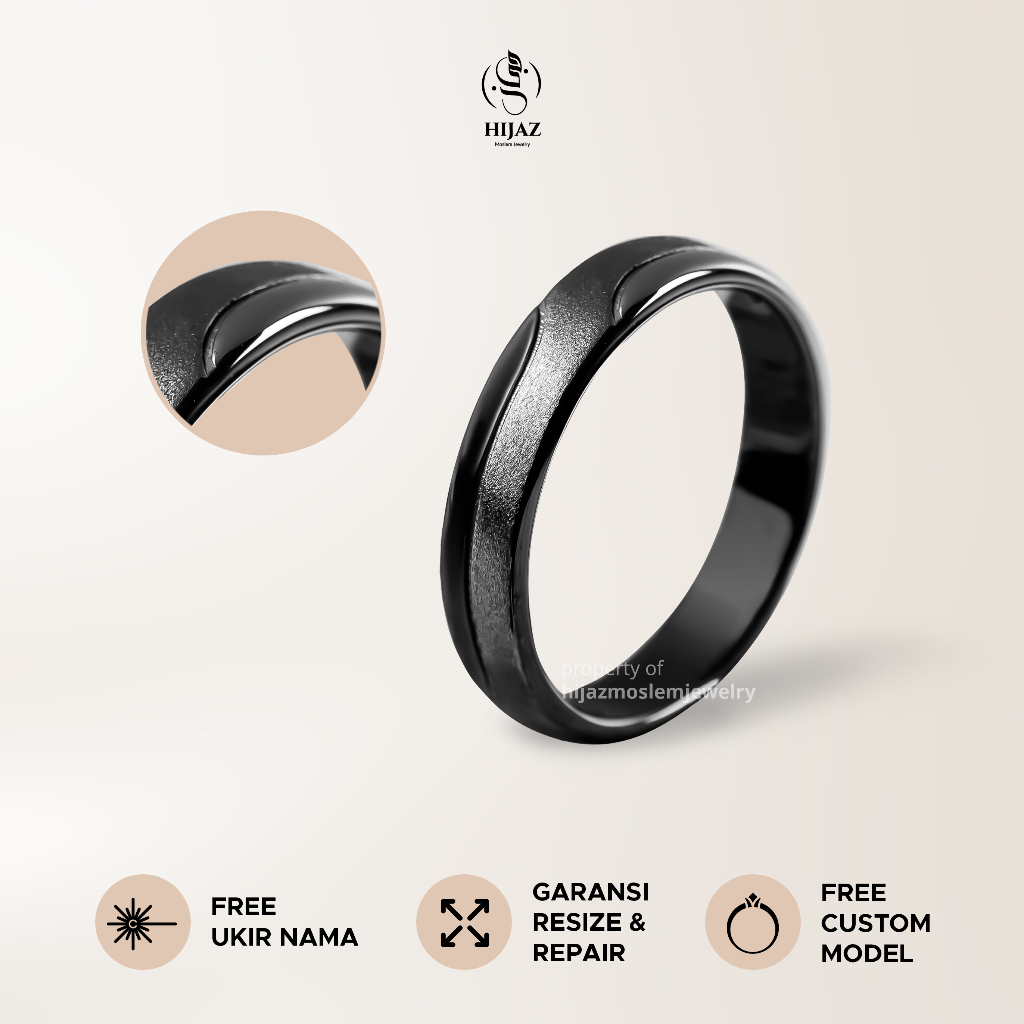 Hijaz Cincin Pria Palladium Perak Rhodium Hitam - Anti Karat | Kadar Tinggi | Gratis Ukir Nama