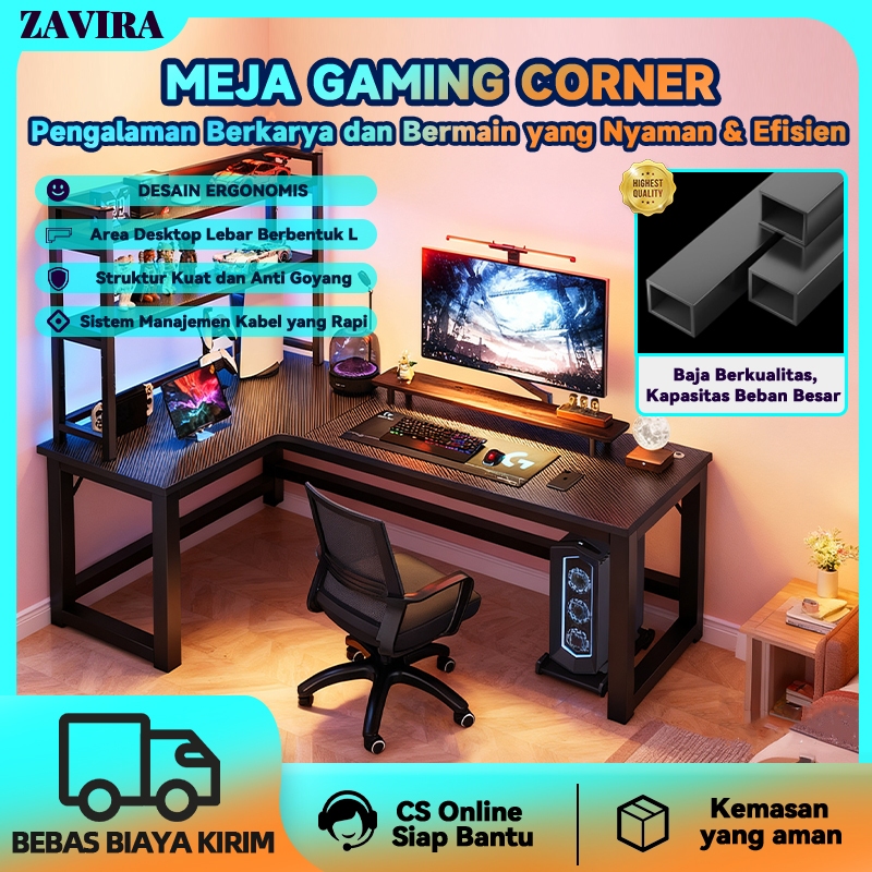 Zavira Meja gaming sudut berbentuk L, meja komputer, meja desktop rumah, meja ganda, meja sudut kama