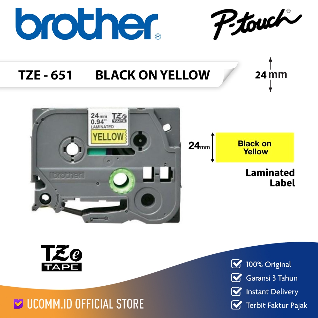BROTHER Label Tape TZE-651 24mm Laminated Black On Yellow Label Tape TZe 651 Tze 651 Original