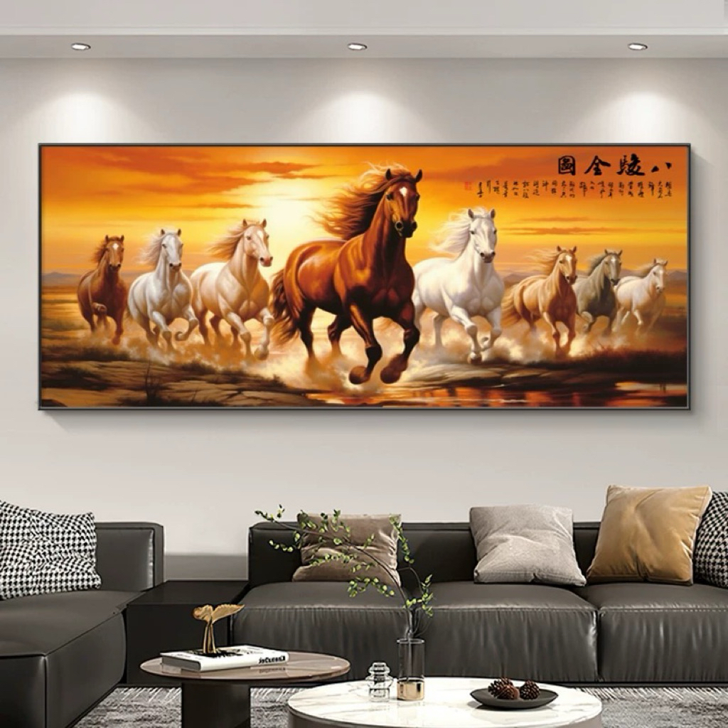 KOKOPAINTING Lukisan Porcelain Diamond 5D Kristal Motif 8 Kuda Kaligrafi Fengshui / Lukisan 8 Ekor K