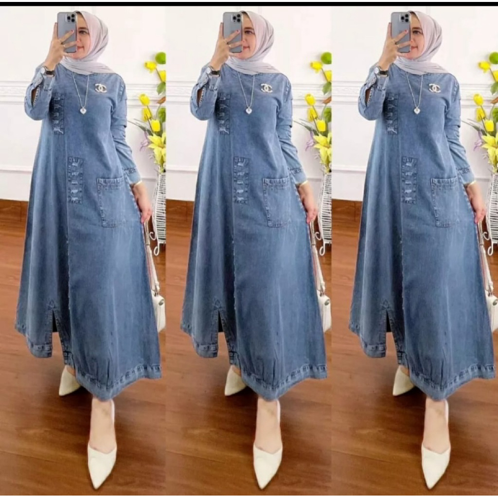 MIDI DRES WANITA JEANS PERIUM TERBARU GAMIS JEANS SUSUN KANCING HIDUP