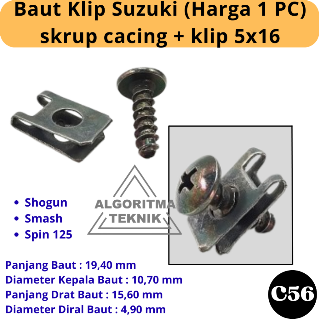 C56 Baut + Klem Totok Batok Body Drat Kasar Shogun Smash Spin 125 - Baut Klip Suzuki (Harga 1 PC)