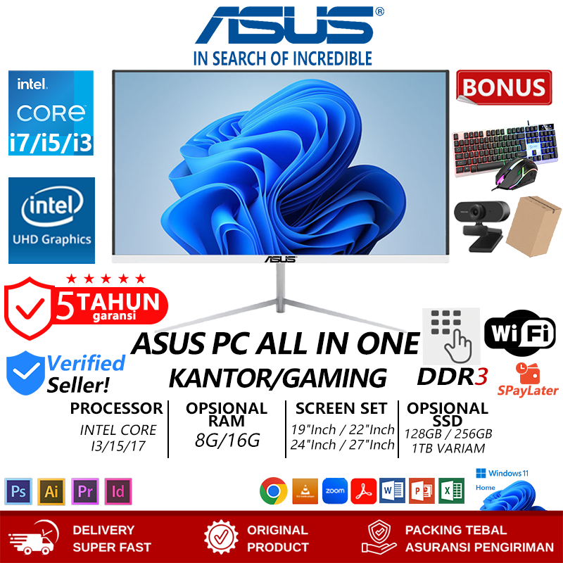 ASUS Komputer Full Set CPU Pc All-In-One Baru, Prosesor Core I3/I5/I7, RAM 8G/16G, SSD 256/512G, 19/