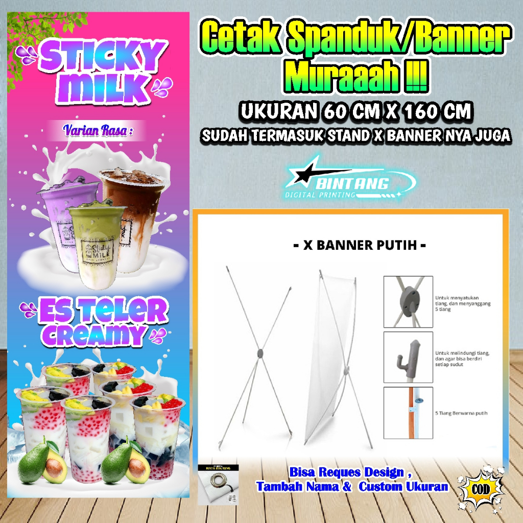 Spanduk Banner Minuman + Stand Banner Ukuran 60 cm x 160 cm
