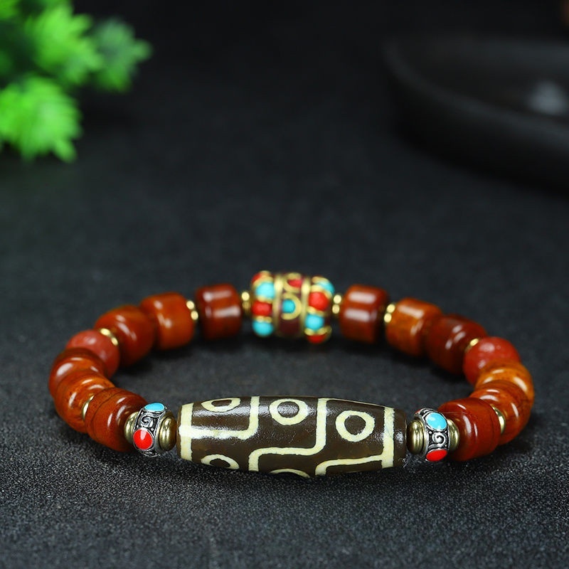 Tibet Old Dzi Bead Nine-Eyed Ox Bone Dzi Bead Old Agate Bracelet