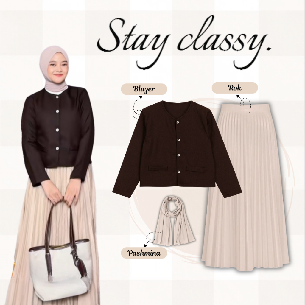 One Set Korean Style 3in1 / Blazer Korea + Rok Plisket + Pashmina / Outfit Hijab OOTD Kekinian / Fas