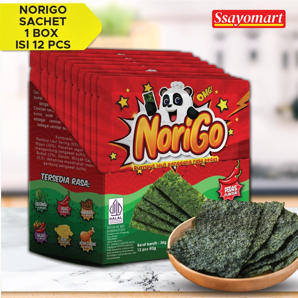 

Norigo (1 BOX ISI 12 PCS) / Nori Sachet Spicy Seaweed Snack 3g Rumput Laut Halal Rasa Pedas