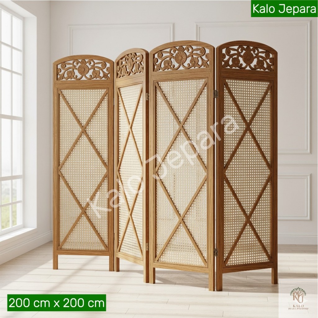 Pembatas Ruangan Kayu Jati Jepara Ukiran Motif Partisi Lipat 4 Anyaman Rotan Silang