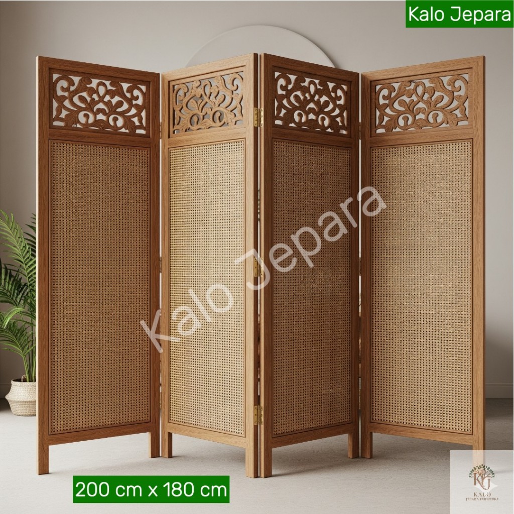 Sekat Ruangan Jepara Partisi Ruangan 4 Lipat Pembatas Ruang Kayu Jati Anyaman Rotan
