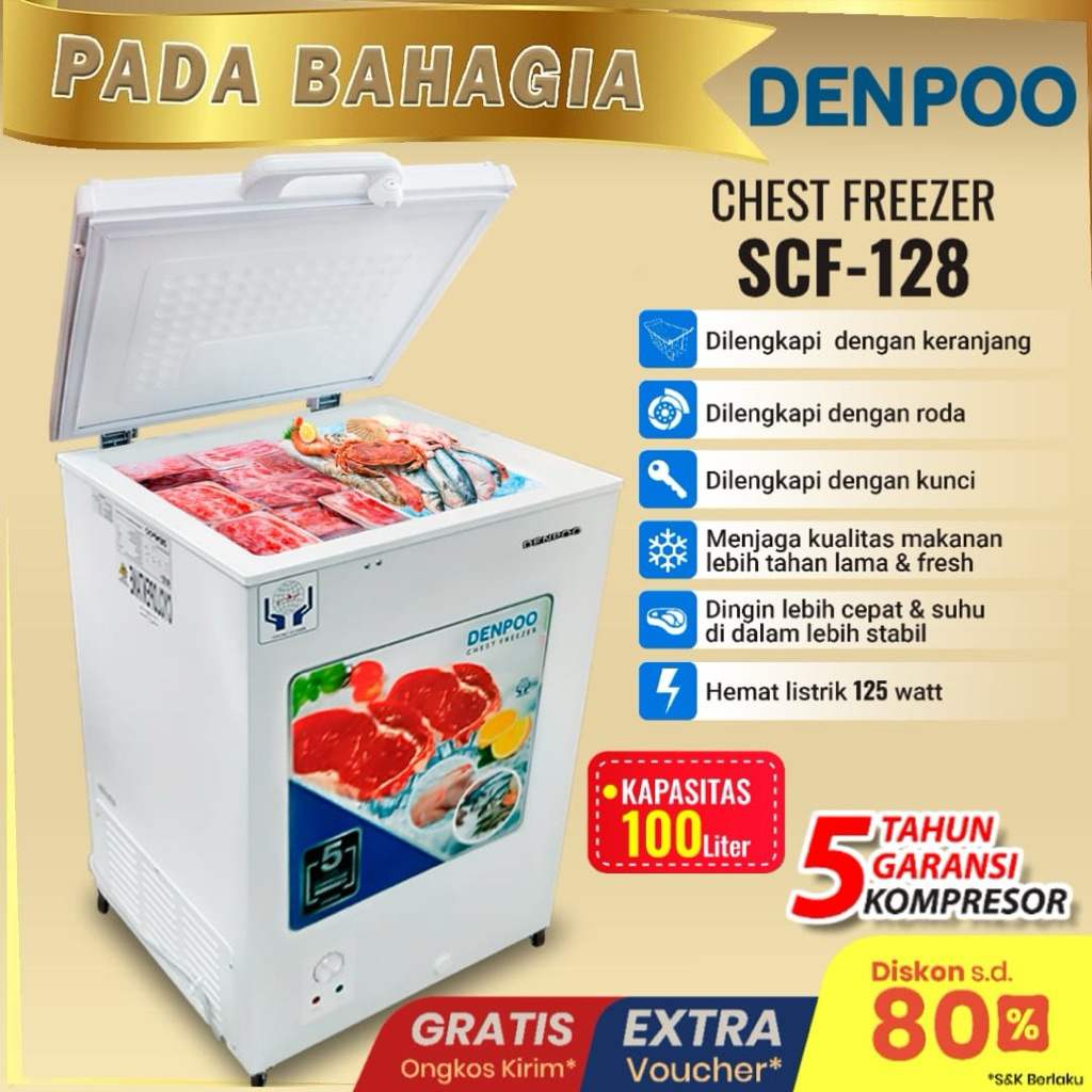 Chest Freezer Box 100 Liter Denpoo  SCF 128 CG Food Frozen
