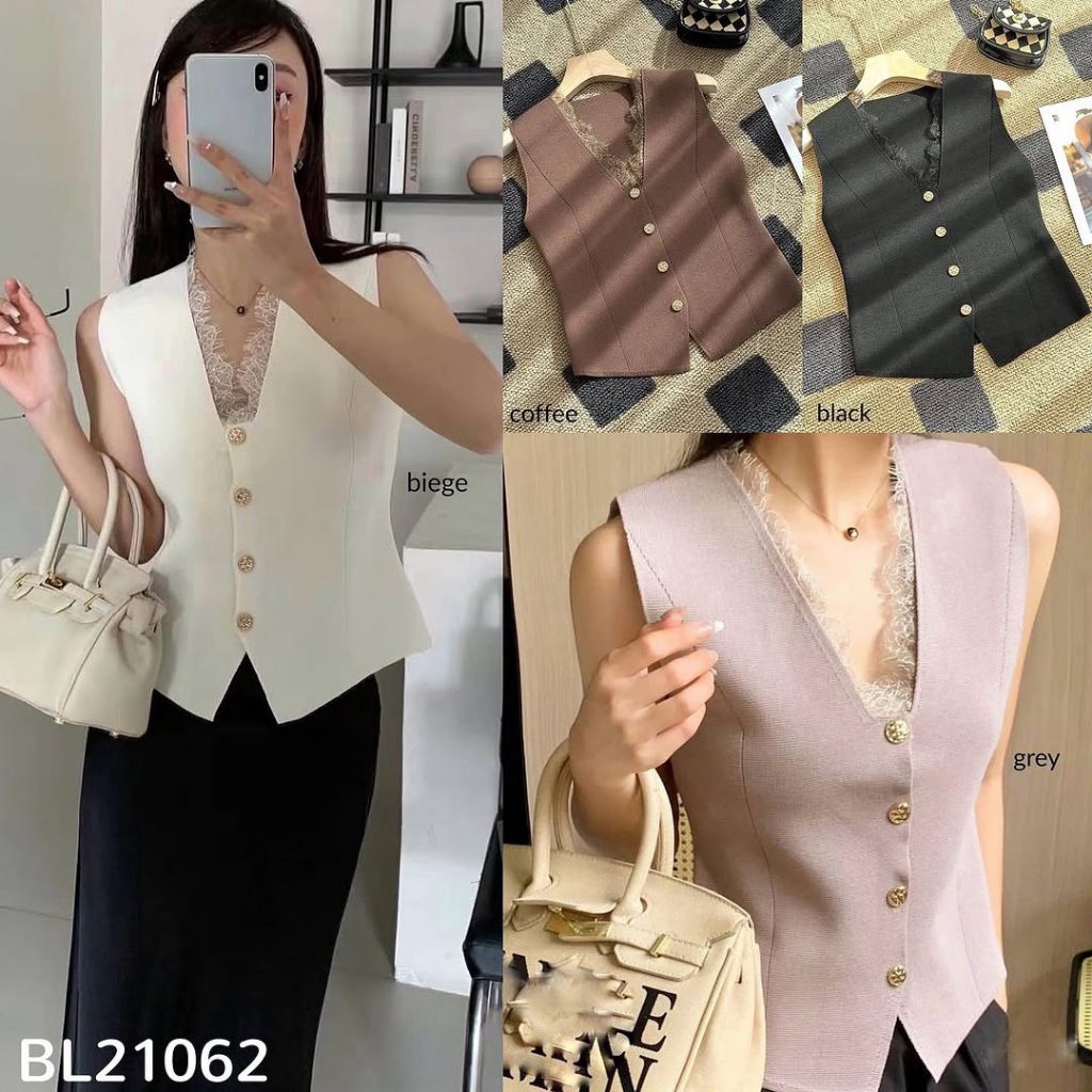 Jihyo Lace Vest Textured Knit / Vest Rajut Kombinasi Lace Wanita