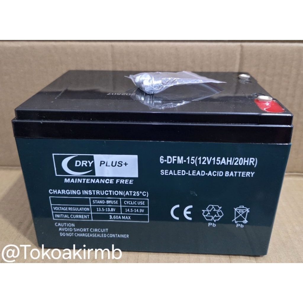 Aki sepeda Listrik(12v/15ah),DRY PLUS,(15*9,8*9cm),berat(3,5kg),pala aki baut