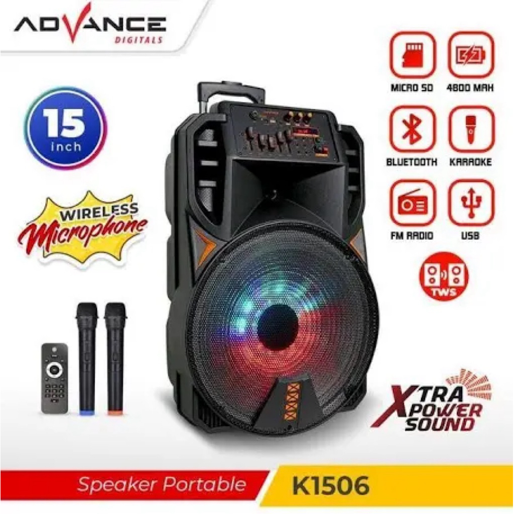 Speaker Advance K1506 Speaker Bluetooth Portable 15 Inch Free 2 Mic MEDAN