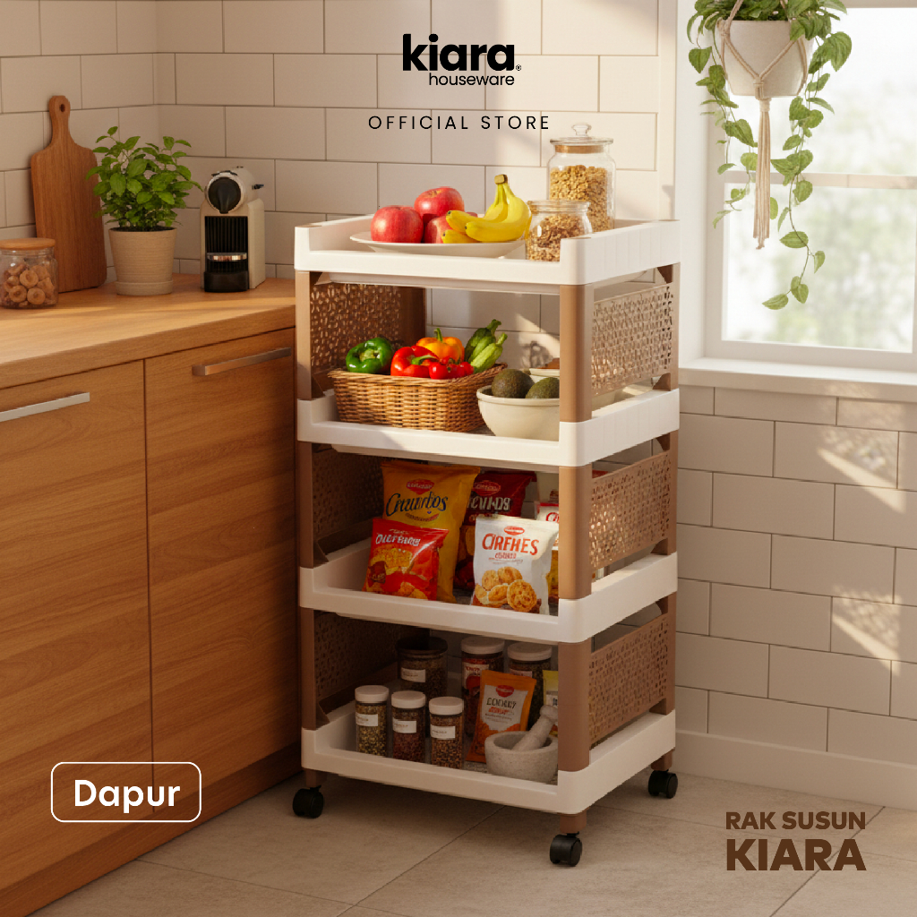KIARA HOUSEWARE Rak Kiara Plastik Susun 4 dengan roda serba guna rak buku rak bumbu rak toilet rak w