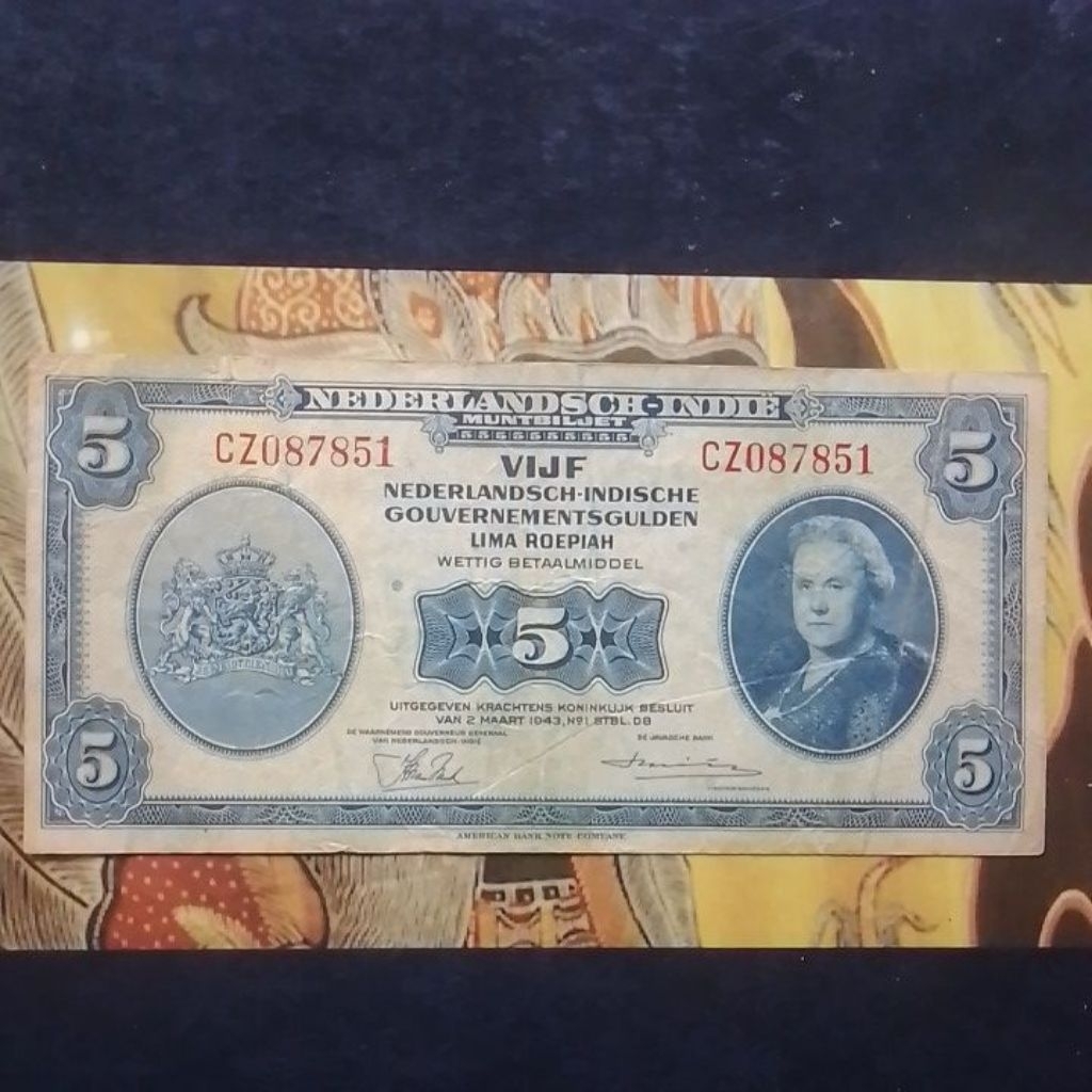 UANG KUNO NEDERLAND INDIE 5 GULDEN NICA TAHUN 1943