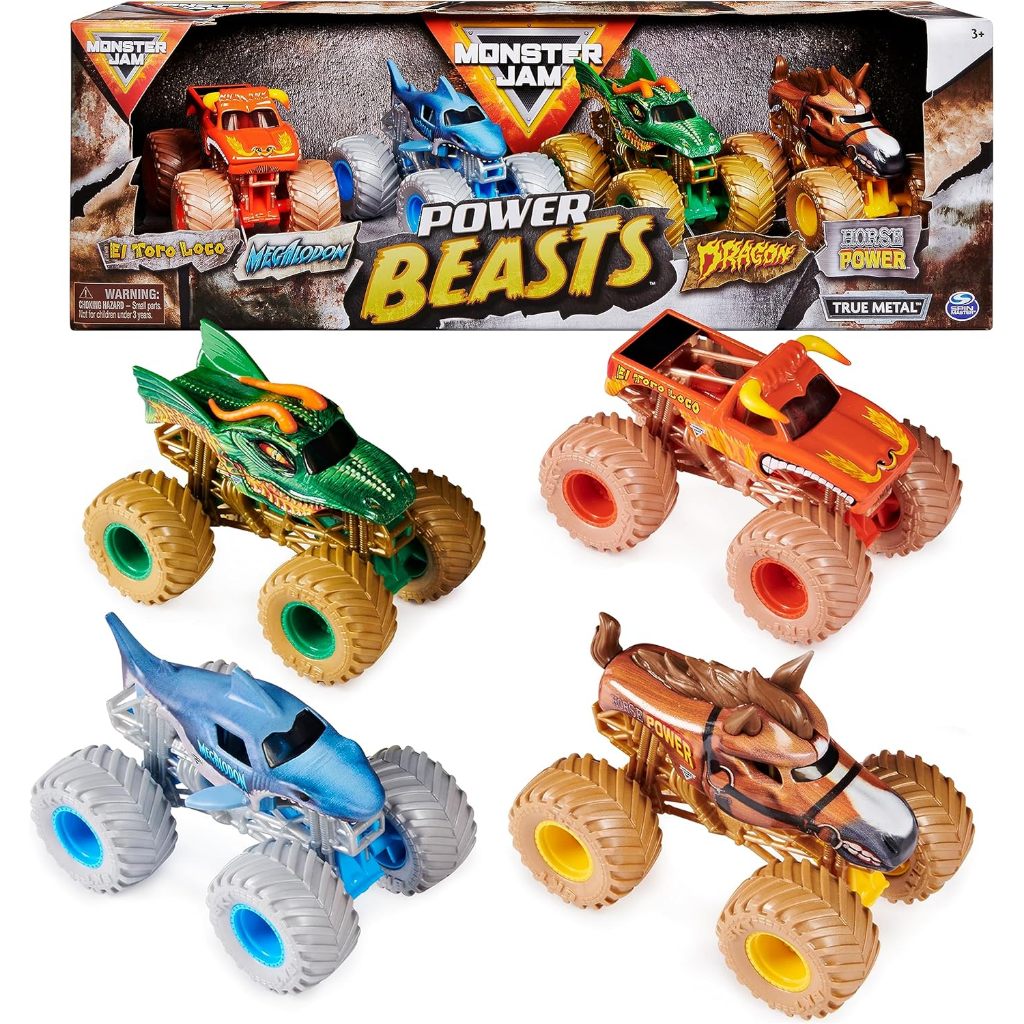 MONSTER JAM, POWER BEASTS 4-PACK MONSTER TRUCKS (EL TORO LOCO, MEGALODON, DRAGON AND HORSE POWER),