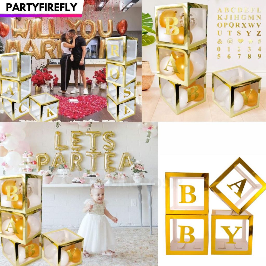 Box Balon Kotak Transparan Emas Gold 25*25cm Surat Stiker Nama DIY A-Z  Gold Untuk Dekorasi Pesta Ul