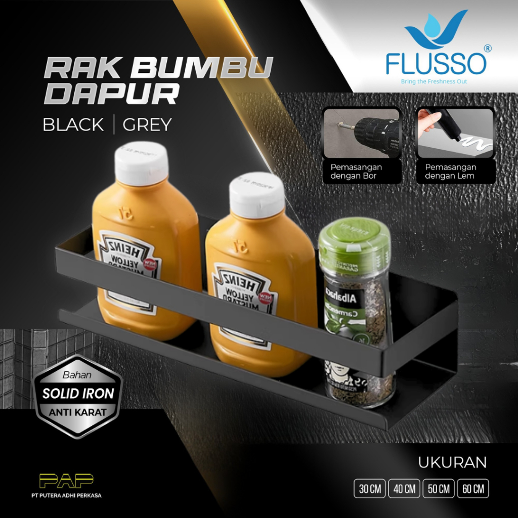 FLUSSO Rak Tempat Bumbu Dapur Dinding Stainless | Rak Gantung Dapur Serbaguna Stainless | Rak Bumbu