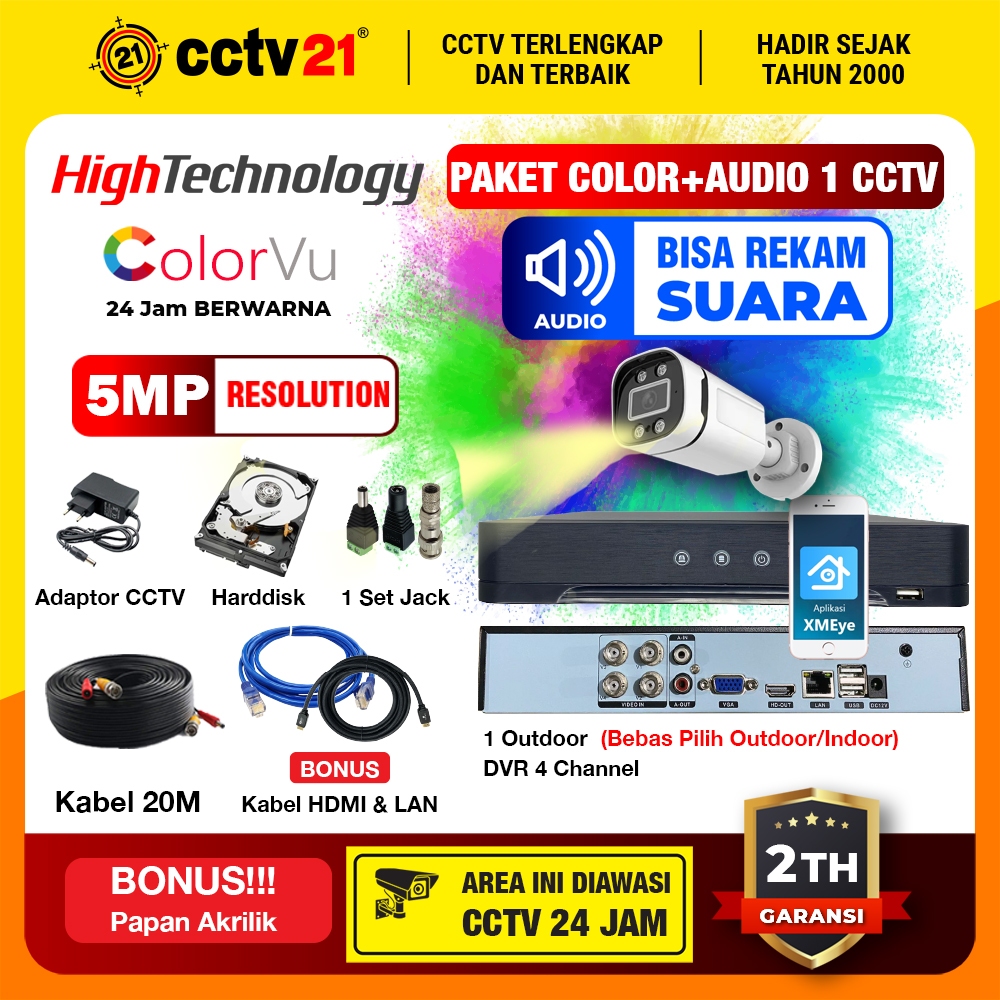 Paket CCTV 1 Channel Camera 5MP Colorvu + Audio Full Color dan Bisa Rekam Suara