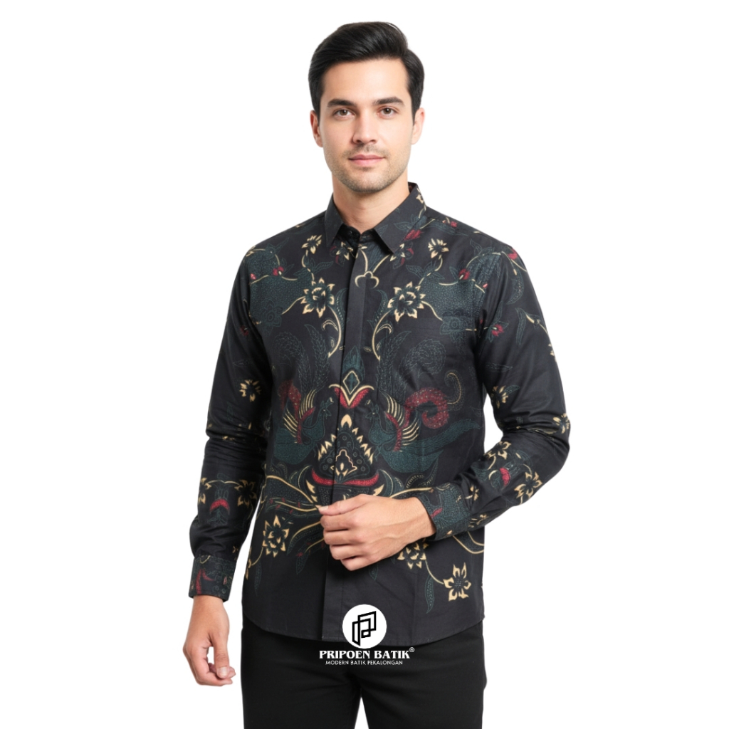 PRIPOEN BATIK  Kemeja Batik Pria Lengan Panjang Biru Hitam