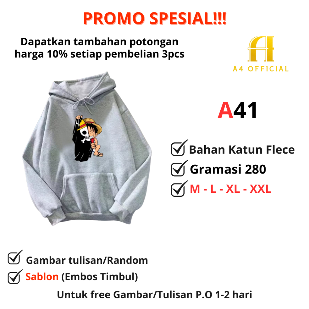 Sweater Hoodie Anime One Piece Luffy Jacket Hoodie Anime One Piece Bahan Katun Fleece Gramasi 280 - 