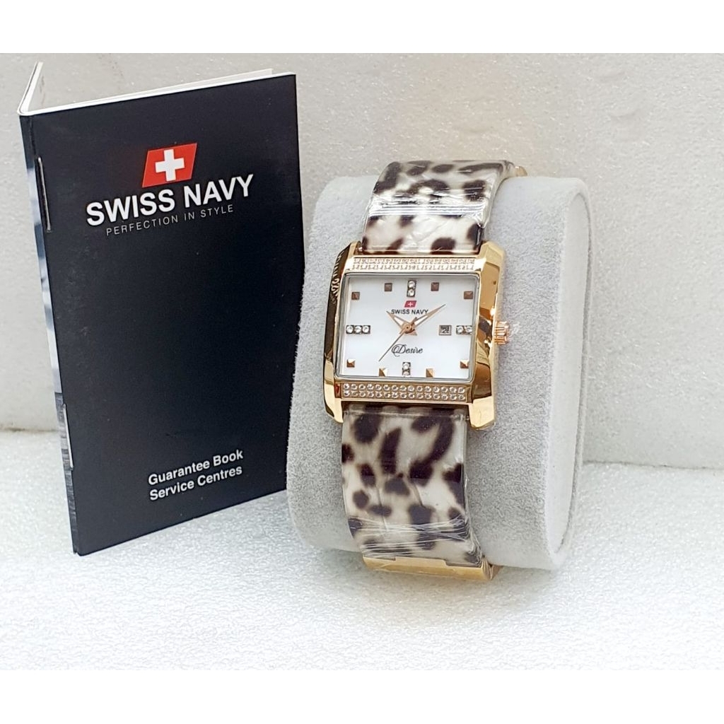 Jam Tangan Wanita Swiss Navy 6801 Original – Tali Kulit Elegan, Case Gold Persegi, Anti Air, Bergara