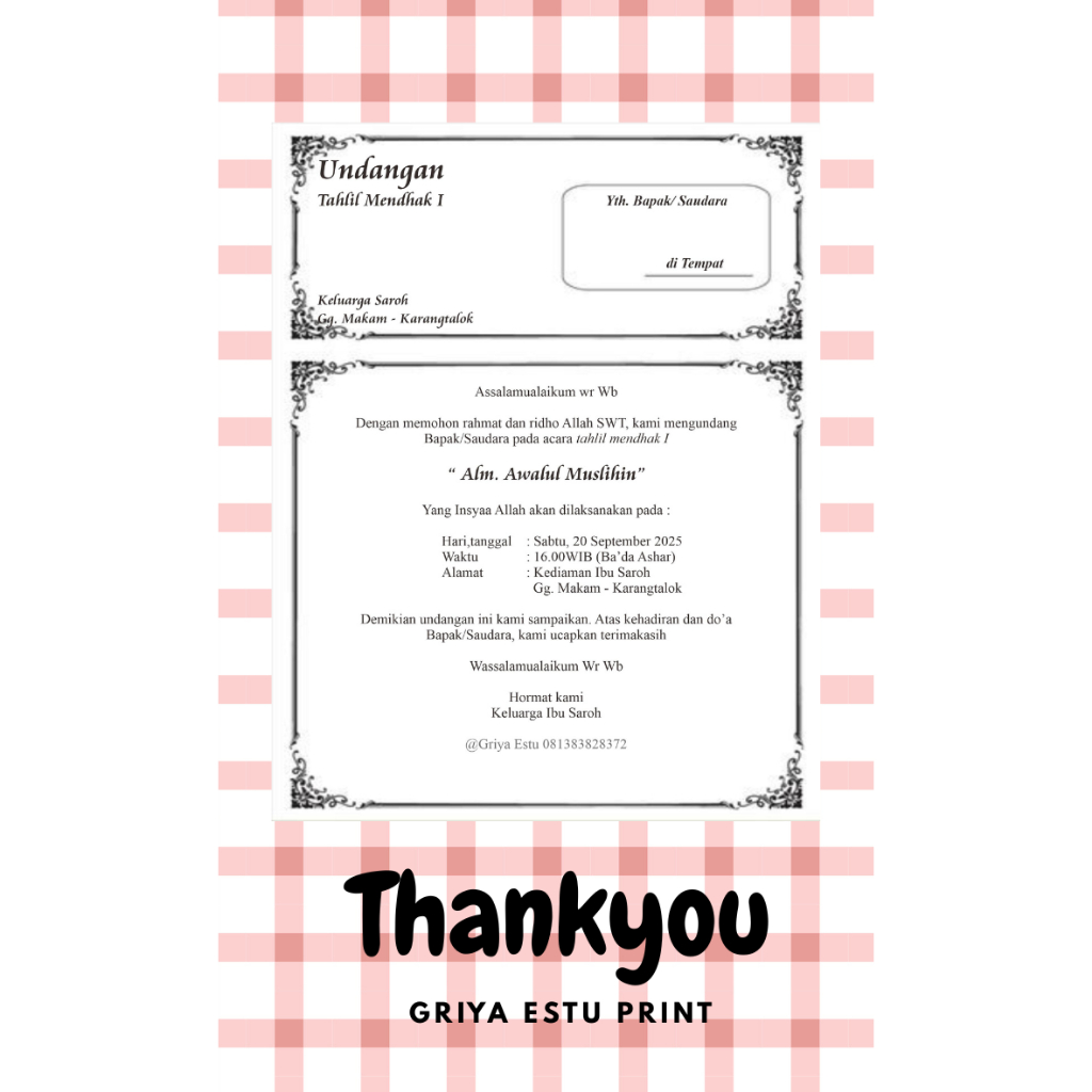 UNDANGAN TAHLIL/UNDANGAN WALIMATUL URSY/UNDANGAN TAHLIL 40HARI/100 HARI/TAHLIL1000 HARI/DLL