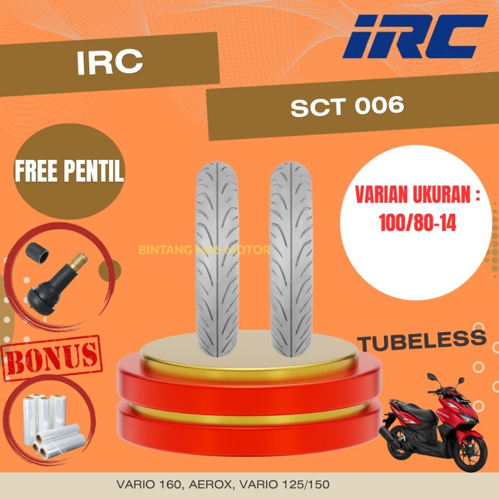 [FREE PENTIL] Ban IRC Tubless 100/80-14 Untuk PCX 150 Depan, Vario 160 Depan, Aerox 155 Depan, Vario