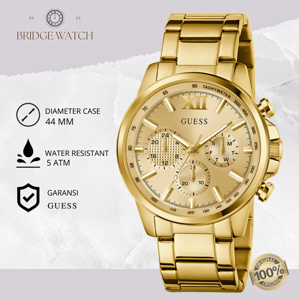 Jam Tangan Pria Guess GW0900G2 Chronograph Dial Case Gold Stainless Steel Strap Rantai Mewah Casual 