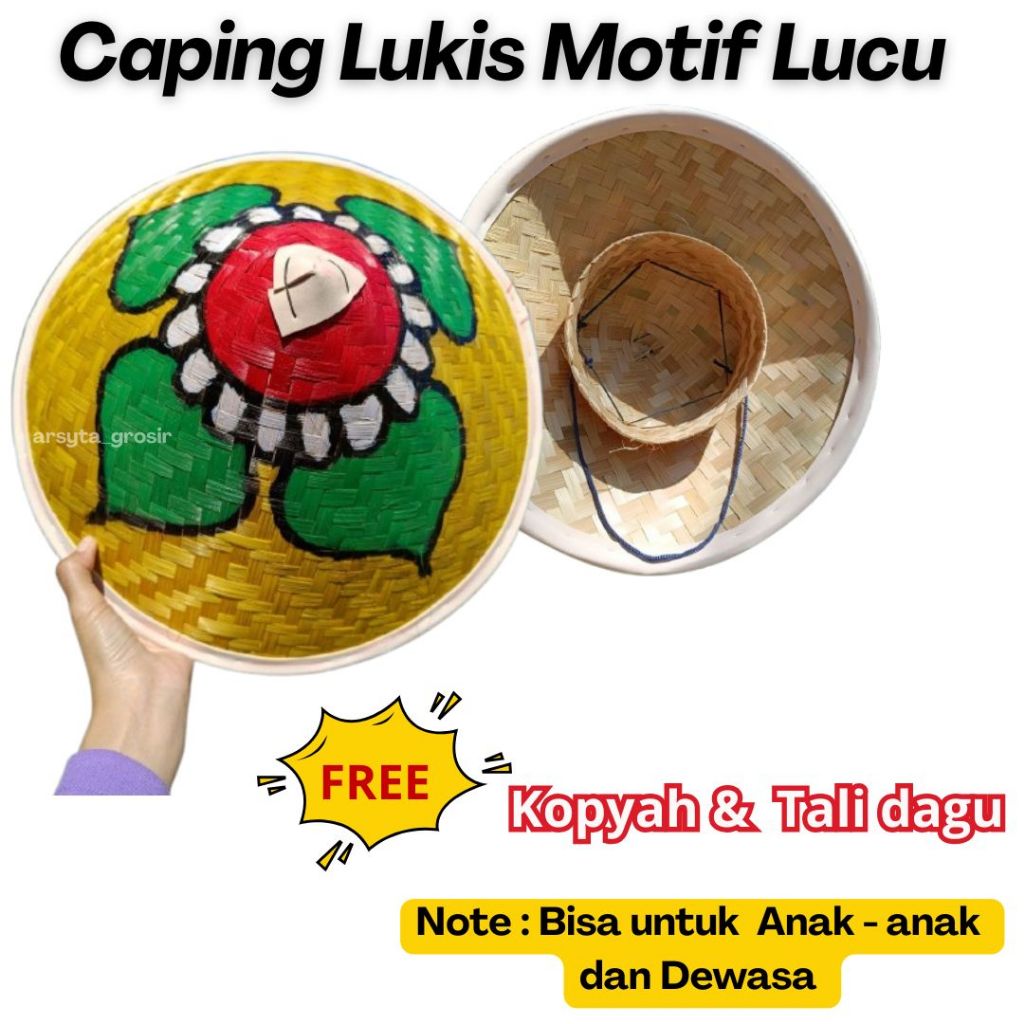Caping bambu anak - Topi caping lukis - Topi caping hias unik