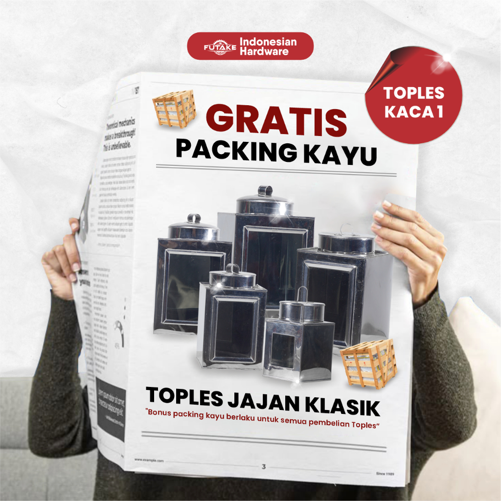 FUTAKE - Toples Kerupuk Stainless Segiempat Kaca Satu Toples Kerupuk Jadul