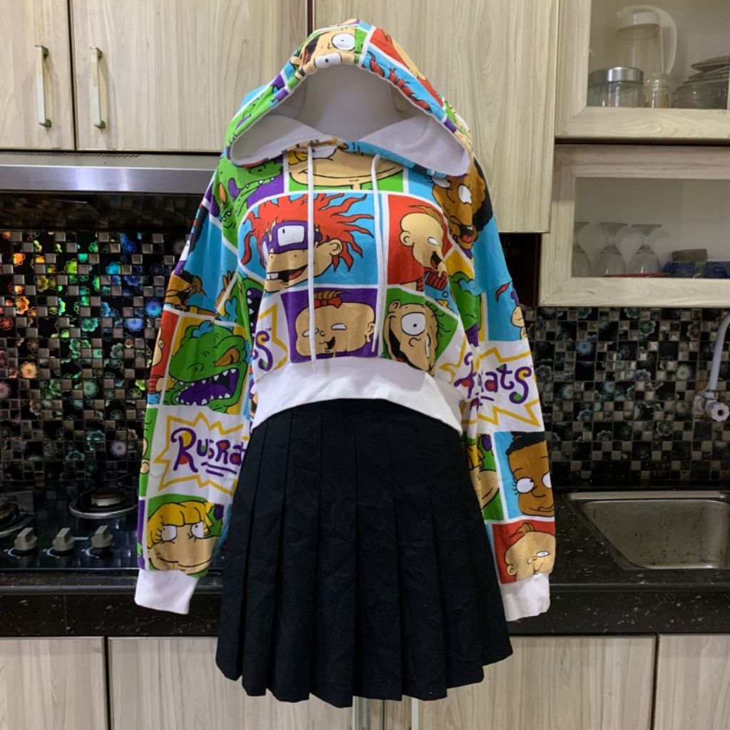 Hoodie Crop Rugrats Kartun Warna-Warni | Hoodie Cewek Oversize Kekinian Streetwear