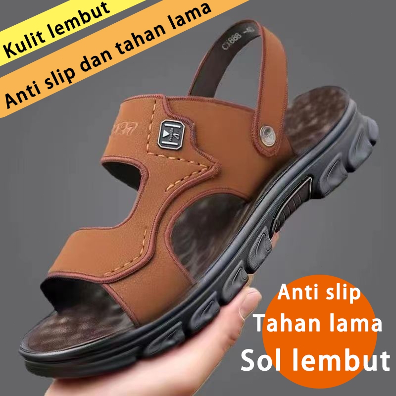 Sandal Pantai Kulit Tebal Anti Selip Pria Sepatu sandal kulit asli warna hitam dan coklat yang bisa 