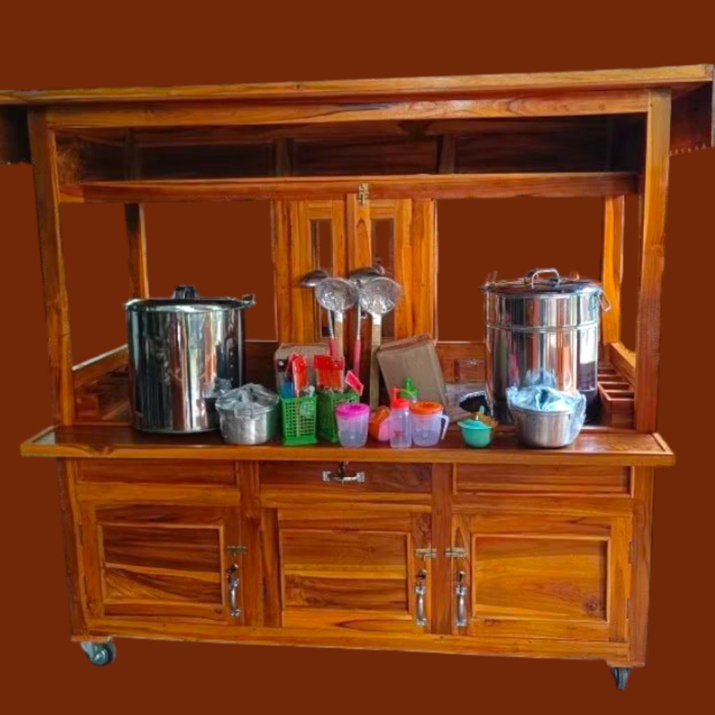 gerobak booth mie ayam bakso komplit roda troli kayu jati
