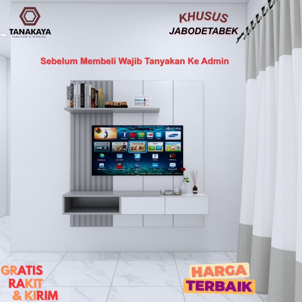 BACKDROP TV MINIMALIS - RAK DINDING MINIMALIS - BACKDROP TV BEKASI